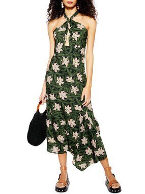 🆕TOPSHOP Hibiscus Floral Halter Midi Dress Green 10